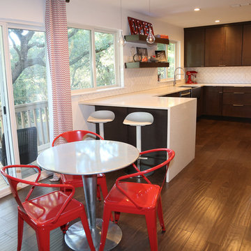 Contemporary Espresso Kitchen with White Countertops