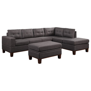 Hilo Dark Gray Fabric Reversible Sectional w/ Cupholder Console, Storage Ottoman