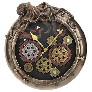 Steampunk Octopus Porthole Wall Clock, Myth and Legend