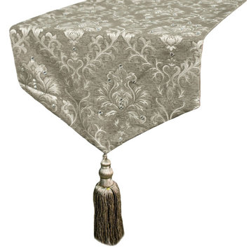 Luxury Table Runner Grey Jacquard 16"x90" Victorian Style, Damask - Isabella