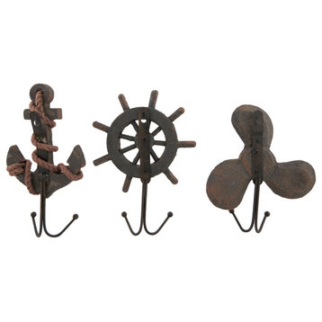 Set of 3 Weathered Finish Anchor Prop and Wheel Nautical Wall Hooks