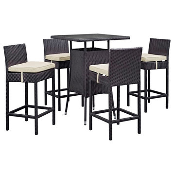 Modern Urban Outdoor Patio 5-Piece Pub Bar Chairs and Table Set, Beige, Rattan