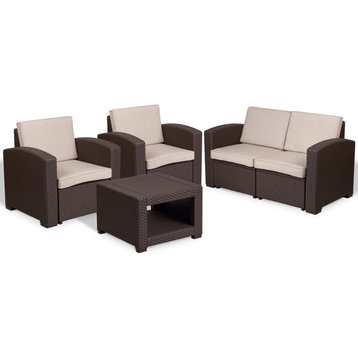 4-Piece Outdoor Faux Rattan Chair, Loveseat and Table, Brown