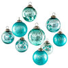 Set of 9 Assorted Gold / Teal Glass Ball Ornaments, 3" Dia, Teal