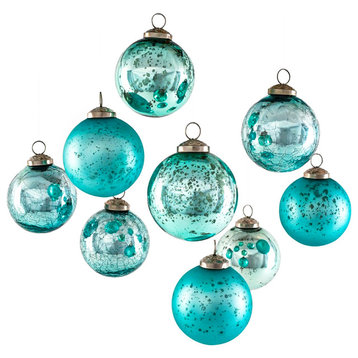 Set of 9 Assorted Gold / Teal Glass Ball Ornaments, 3" Dia, Teal