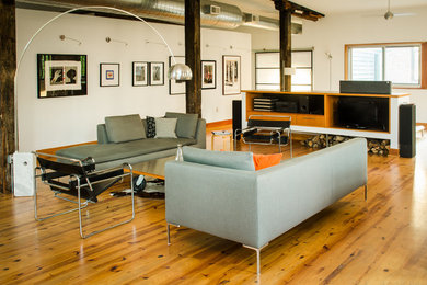 Living room - modern loft-style light wood floor living room idea in St Louis with white walls