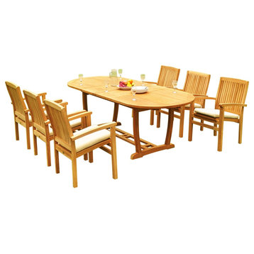 7-Piece Outdoor Teak Dining Set: 94" Masc Oval Table, 6 Wave Stacking Arm Chairs