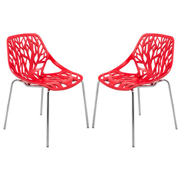 Leisuremod Asbury Plastic Dining Chair With Chromed Legs, Set of 2, Red