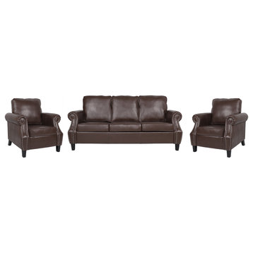 Burkehaven Contemporary Faux Leather 3-Piece Living Room Sofa Set, Dark Brown