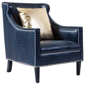 Pasargad Home Bergdorf Croc embossed Leather Armchair, Blue
