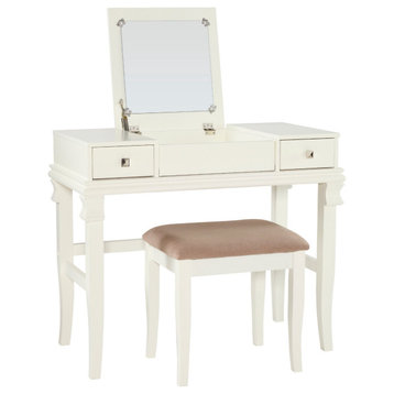 Classic Vanity Set, Large Table With Flip Up Mirror & Cushioned Stool, White