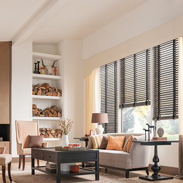 DARK WOOD BLINDS - Graber Wooden Blinds with Cloth Tape Living Room