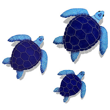 Loggerhead Turtle Group Ceramic Pool Mosaic 8", 15" and 20" with shadow, Blue