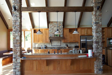Eat-in kitchen - l-shaped dark wood floor eat-in kitchen idea in Other with medium tone wood cabinets, beige backsplash, stainless steel appliances and an island