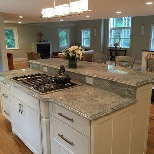 Mid-sized transitional u-shaped kitchen pantry in Boston with white cabinets, granite benchtops, stainless steel appliances, medium hardwood floors, with island, brown floor, an undermount sink, shaker cabinets, multi-coloured splashback and glass tile splashback.