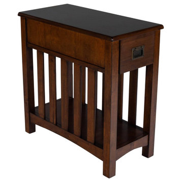 Classic Mission End Table, Slatted Sides Rubberwood Frame With Drawer, Brown