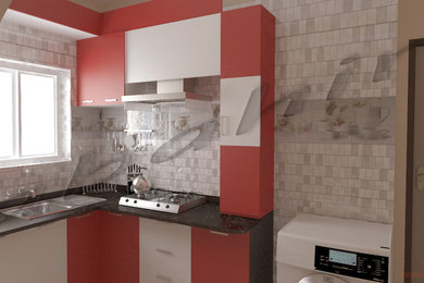 Inspiration for a small modern l-shaped ceramic tile kitchen remodel in Other with a single-bowl sink, flat-panel cabinets, red cabinets, granite countertops, white backsplash, ceramic backsplash, stainless steel appliances and no island