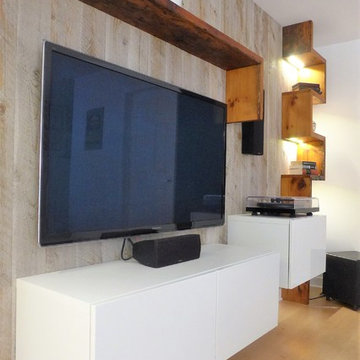All wires from devices hidden behind accent wall.