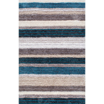 nuLOOM Hand Tufted Classie Shag Striped Area Rug, Blue, Multi 5'x8' Oval