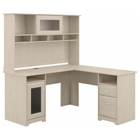 Cabot 60W L Shaped Computer Desk with Hutch in Linen White Oak - Engineered Wood