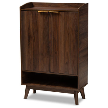Kayley Mid-Century Modern Walnut Brown 5-Shelf Wood Entryway Shoe Cabinet