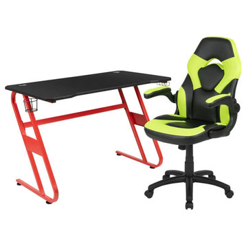 Gaming Desk & Chair Bundle, Detachable Cup Holder & PU Leather Seat, Green