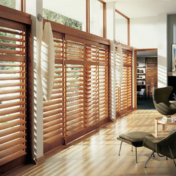 Transitional Brown Living Room Custom Window Shutters by Hunter Douglas - Interior Shutters