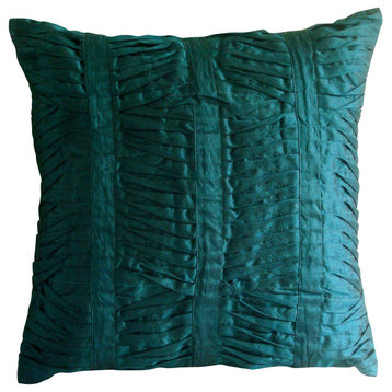 Green Art Silk 16x16 Textured Pintucks Throw Pillows Cover, Royal Peacock Green