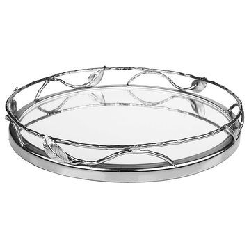 Classic Touch Round Mirror Tray With  Leaf Design - 11.25"D