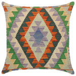 Bareens Designer Rugs - Geometric Turkish Cristine Hand Woven Kilim Throw Pillow - Embellish your home with this timeless casual chic handmade Southwestern Kilim throw pillow covers made with and cotton. Constructed on a loom by Nomad Turkman people with hand spun and Natural Vegetable dyes these beautiful Kilim pillow covers are known for their beautiful repetitive geometrical, naturalistic floral and traditional patterns yet still giving it a moden look. Masterfully artisan-crafted on traditional Kilim looms with a contemporary fashion palette producing bold intricate sharp patterns making them a standout piece in any decor.