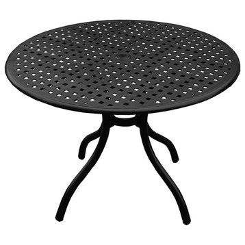 Modern Patio Dining Table, Round UV Resistant Mesh Aluminum Top, Black Finish, B