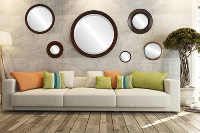 Example of a trendy formal painted wood floor and beige floor living room design in Other with beige walls