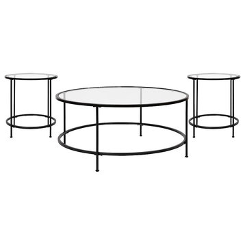 Flash Astoria Coffee and End Table Set, Clear Glass/Round Matte Black Frame