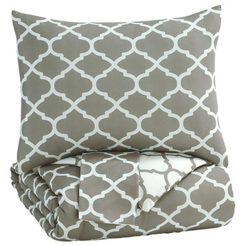 Ashley Furniture Media 3 Piece Geometric Full Reversible Comforter Set in Gray