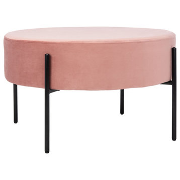 Contemporary Ottoman, Black Metal Legs With Rounded Velvet Seat, Dusty Rose
