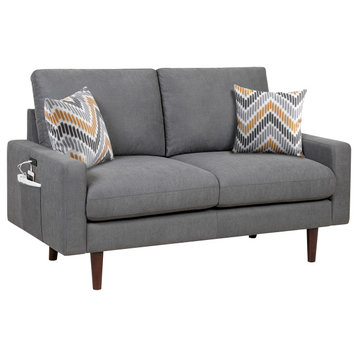 Abella Dark Gray Woven Fabric Loveseat With USB Charging Ports and Pillows