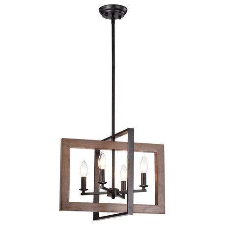 Hebe Natural Wood and Metal Open Cage Chandelier, Antique Black Finish