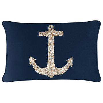 Sparkles Home Shell Anchor Pillow, Navy Velvet, 14x20