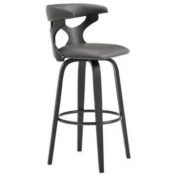 Zenia 30 Swivel Bar Stool in Gray Faux Leather and Black Wood