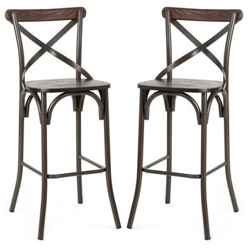 Rustic Steel Bar Stool With Solid Elm Wood Seat and Back Support, Set of 2