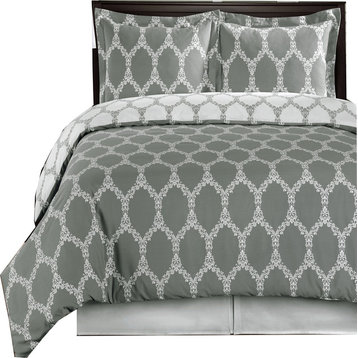 Brooksfield 100% Cotton 8-Piece Reversible Bedding Set, Gray and White, King