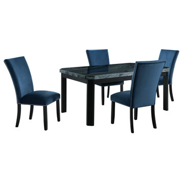 Francesca Rectangular 5 Piece Blue Velvet Chairs Dining Set Table and 4 Chairs