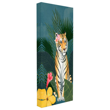 Tiger Flowers Orange Pink Animal Painting, 10"x24", Canvas Art