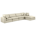 Meridian Furniture - Comfy Upholstered L-Shaped Modular Sectional, Cream, 5-Piece: 2 Armless Chair, 2 Corner Chair, 1 Ottoman, Vegan Leather - Give your space a whole new look with this cream Comfy vegan leather sectional. This handsome sectional fits nicely with other items in the Comfy collection and is a versatile seating option designed for adaptability, comfort and style. Wrapped in rich cream durable vegan leathered upholstery, this sectional offers a plush embrace of overstuffed down feather cushions, carefully crafted to deliver the highest level of comfort. The perfect seat for creating an oasis for relaxation, this sectional has thick foam surrounding its frame for added support and coziness.