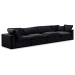 Meridian Furniture - Comfy Upholstered Modular Sofa, Black, 4-Piece: 2 Armless Chair, 2 Corner Chair, Velvet - Give your space a whole new look with this black Comfy velvet sofa. This handsome sofa fits nicely with other items in the Comfy collection and is a versatile seating option designed for adaptability, comfort and style. Wrapped in rich black durable velvet upholstery, this sofa offers a plush embrace of overstuffed down feather cushions, carefully crafted to deliver the highest level of comfort. The perfect seat for creating an oasis for relaxation, this sofa has thick foam surrounding its frame for added support and coziness.