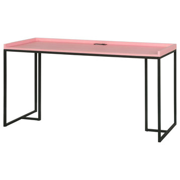 Contemporary Desk, Spacious Top With Raised Edges & USB Charging Port, Pink