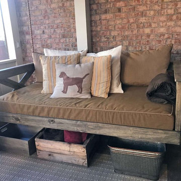 Sunbrella cushion covers, ottoman, and pillows warm up dog-friendly patio