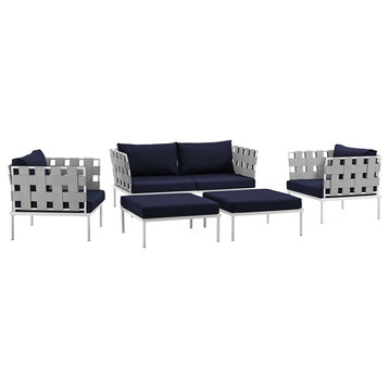 Harmony 5 Piece Outdoor Patio Aluminum Sectional Sofa Set, White Navy