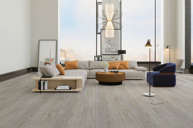 Inspiration for a modern formal and open concept vinyl floor and beige floor living room remodel in Los Angeles with white walls, no fireplace and no tv