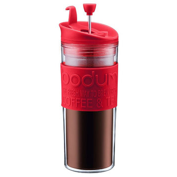Insulated Plastic Travel French Press Coffee and Tea Mug, 15 oz, Red